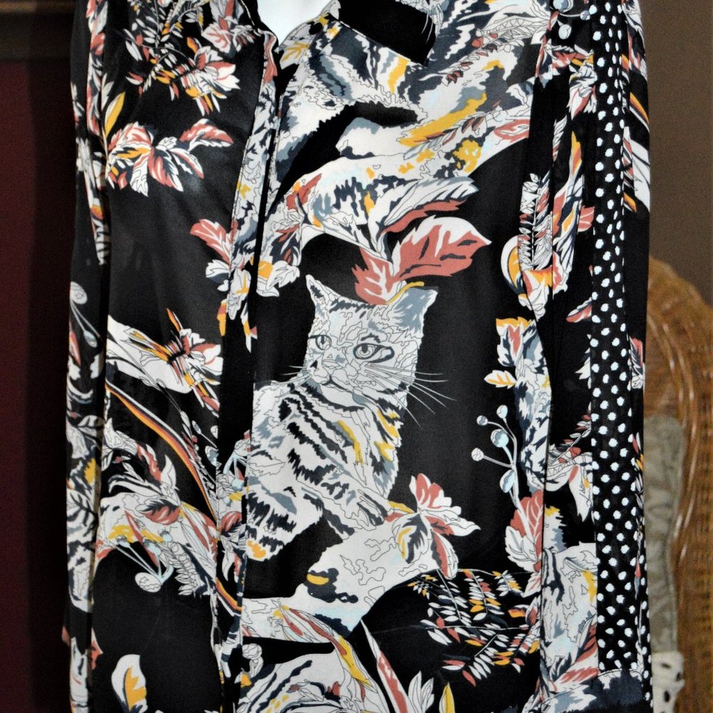 WEEK & LOS ANGELES WOMEN'S M TOP CAT IMAGE SEMI SHEER BLACK WHITE